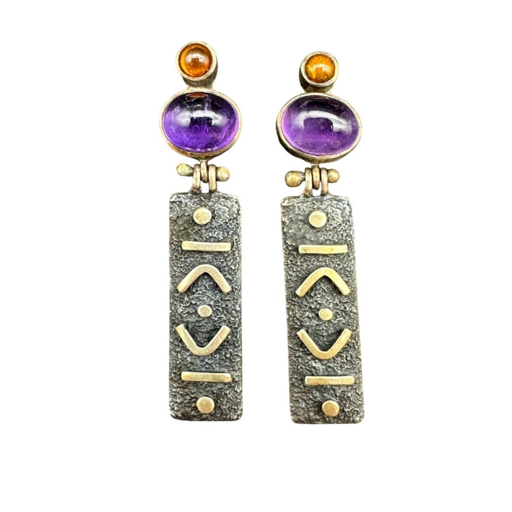 Sterling Silver 925 Amethyst Amber Geometric Drop Earrings Michou Vintage 90s
